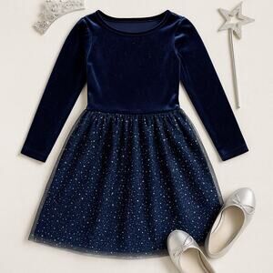 Crewcuts Girls’ Sparkle Velvet Dress Navy Blue XL – Long Sleeve Tulle Star Skirt